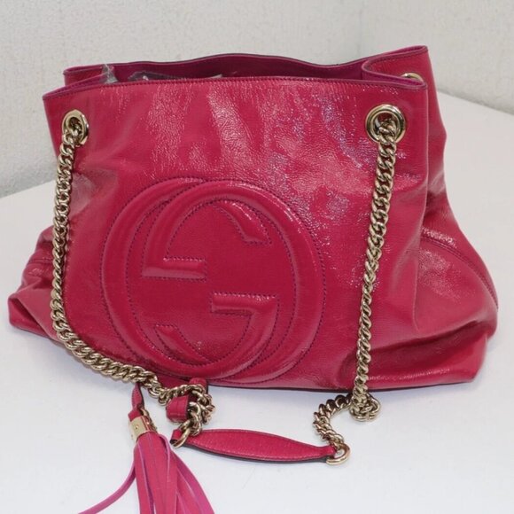 GUCCI Vernice Naplack Medium Soho Chain Shoulder Bag Bright Bouganville - Picture 2 of 14